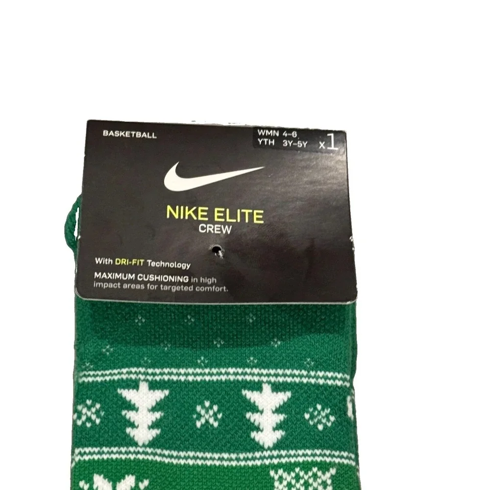 Nike Elite Green Crew Polyester Cushion Holiday Basketball Socks SZ - W4-6 /Y3-5